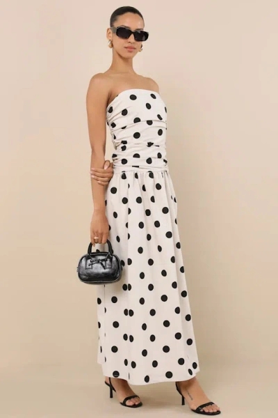 4th & Reckless Brona Cream Polka Dot Ruched Drop Waist Strapless Midi Dress In White