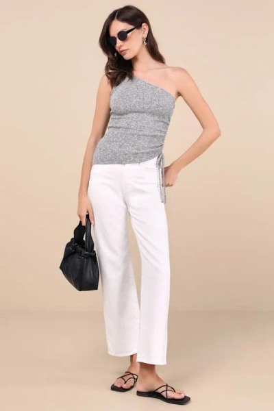 Lulus Cassara Grey Marled Ribbed One-shoulder Drawstring Tank Top In Grey