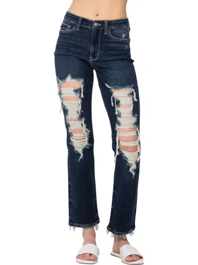 Judy Blue Mid Rise Heavy Distressed Straight Leg Jeans In Dark Wash In Blue