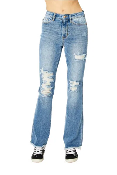 Judy Blue High Waist Destroy Fray Hem Bootcut Jean In Medium Wash In Blue