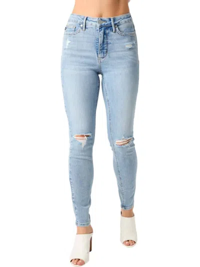 Judy Blue Mid Rise Tummy Control Destroy Skinny Jeans In Light Wash In Blue