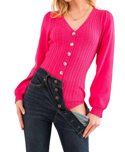 And The Why Cable Knit Button Down Sweater Bodysuit In Fuchsia In Pink