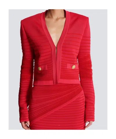 Balmain V-neck Ribbed Knit Cardigan Pockets In Red