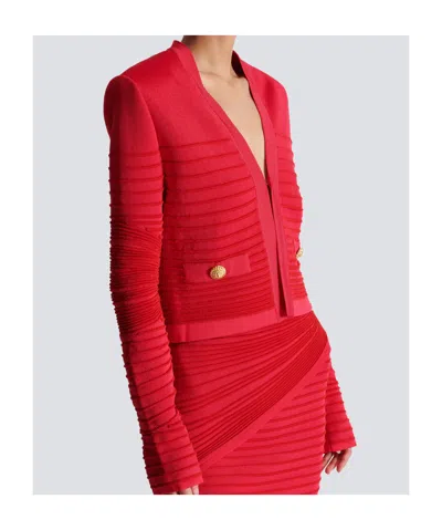 Balmain V-neck Ribbed Knit Cardigan Pockets In Red