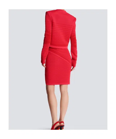 Balmain V-neck Ribbed Knit Cardigan Pockets In Red
