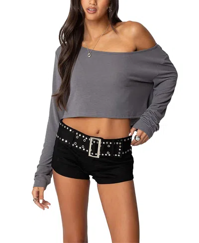 Edikted Cropped Off Shoulder Top In Gray