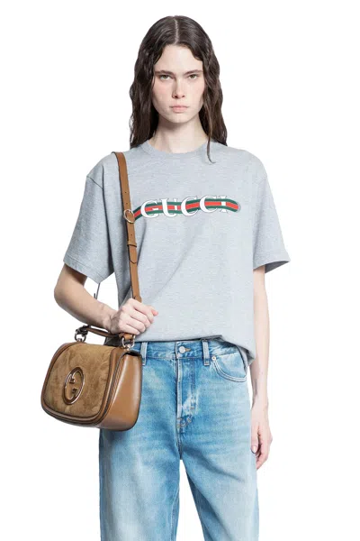 Gucci Grey Crewneck T-shirt With Logo Lettering And Web Detail On The Front In Cotton Woman In Grey