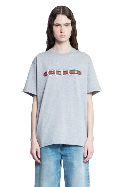 Gucci Grey Crewneck T-shirt With Logo Lettering And Web Detail On The Front In Cotton Woman In Grey
