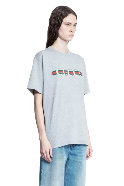 Gucci Grey Crewneck T-shirt With Logo Lettering And Web Detail On The Front In Cotton Woman In Grey
