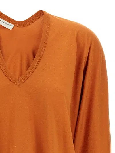 Dries Van Noten 'bis Hena' Long Sleeve V-neck T-shirt In Orange