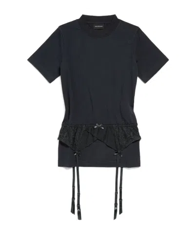 Balenciaga Women Black Crewneck T-shirt With Underwear Detail On The Waist In Cotton Woman In Black