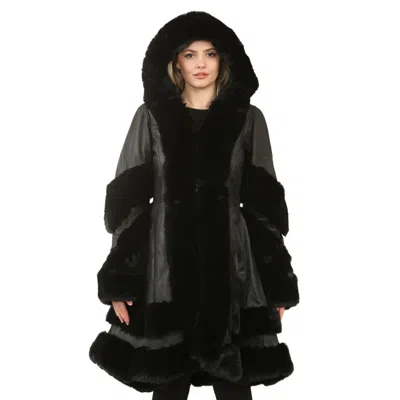 Truclothing Black Flared Hooded Leather Cape Coat In Black