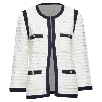 Pre-owned Chanel Ivory Black Cotton Cashmere Gold Cc 4 Pocket Cardigan Jacket In White