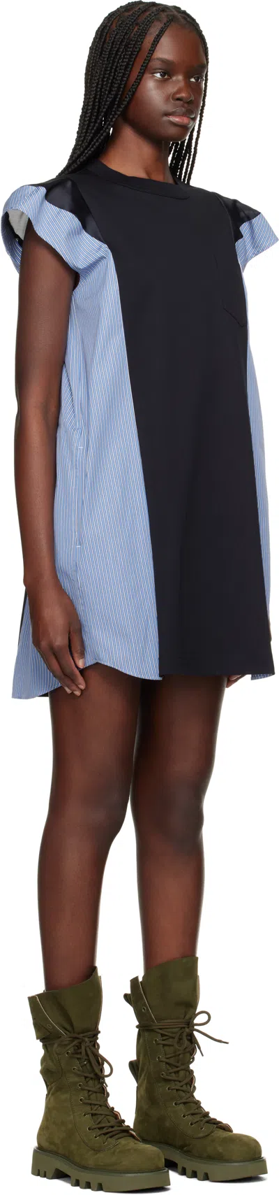 Sacai Women's Poplin Cotton Jersey Dress In 239 Navy*blue Stripe
