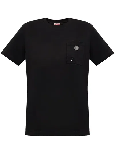 Kenzo 'boke Flower 2,0' Black Crewneck T-shirt With Logo Patch On The Front And Logo Lettering On The Rear In Black