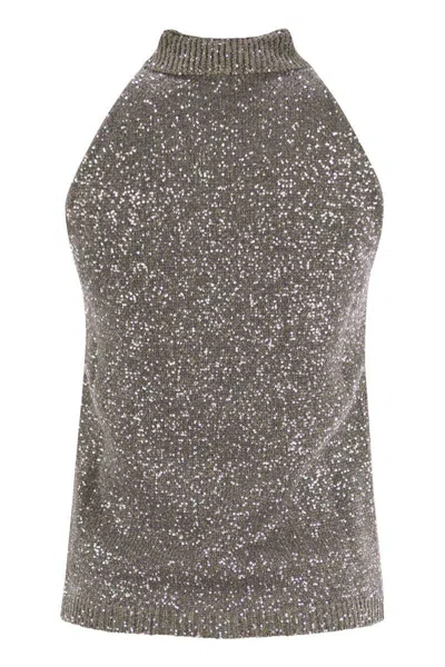 Fabiana Filippi Cotton Knit Tank Top With Sequins In Grey
