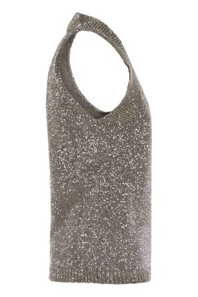 Fabiana Filippi Cotton Knit Tank Top With Sequins In Grey
