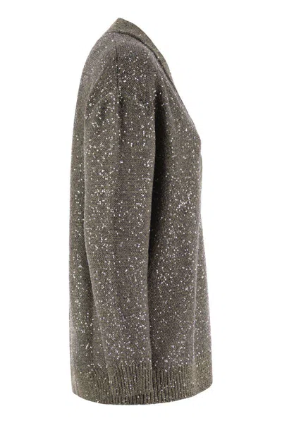 Fabiana Filippi Sequin Cotton Ribbon V Neck Cardigan In Grey