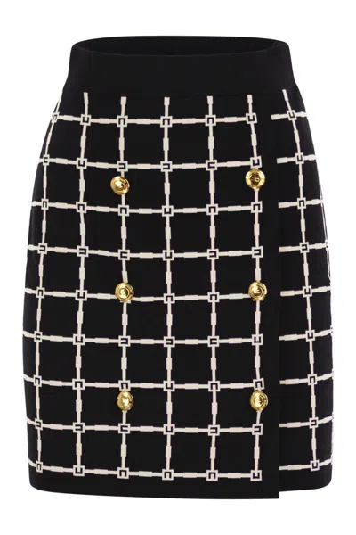 Elisabetta Franchi Black Jacquard Mini Skirt With Logo And Gold Buttons In Black/butter