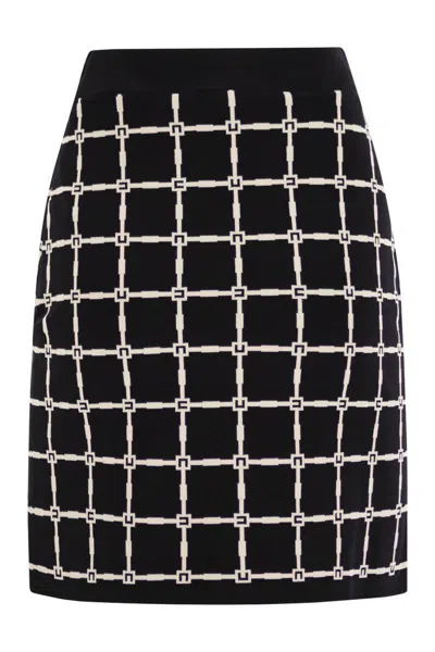Elisabetta Franchi Black Jacquard Mini Skirt With Logo And Gold Buttons In Black/butter