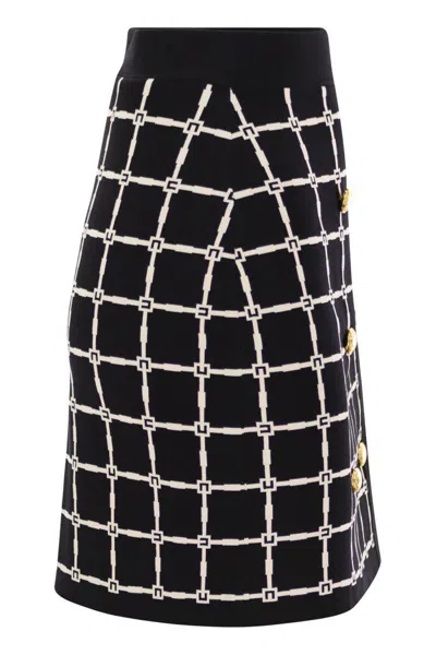 Elisabetta Franchi Black Jacquard Mini Skirt With Logo And Gold Buttons In Black/butter