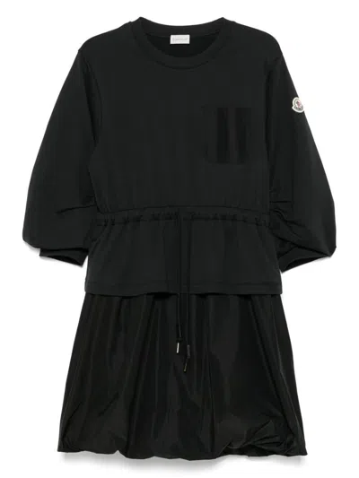 Moncler Black Dress With Elastic Waist And Logo Patch On The Sleeve In Tech Fabric Woman In Black