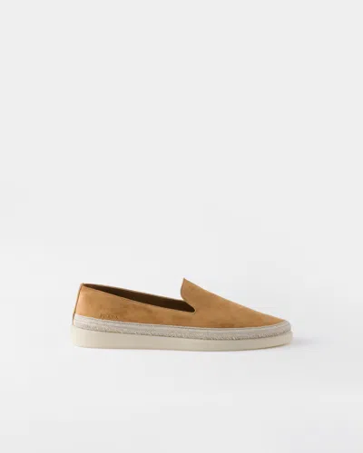 Prada Brown Suede Slip-on Flat Shoes With Textured Sole