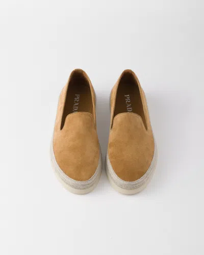 Prada Brown Suede Slip-on Flat Shoes With Textured Sole