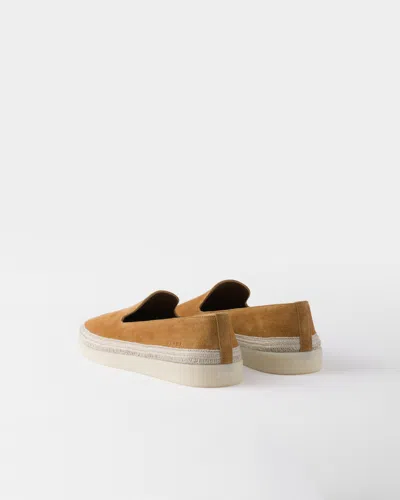 Prada Brown Suede Slip-on Flat Shoes With Textured Sole