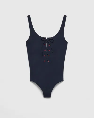Prada Lace-up Swimsuit In Navy