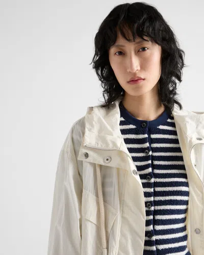 Prada Striped Three-quarter Sleeve Knit Cardigan In Navy Blue/natural