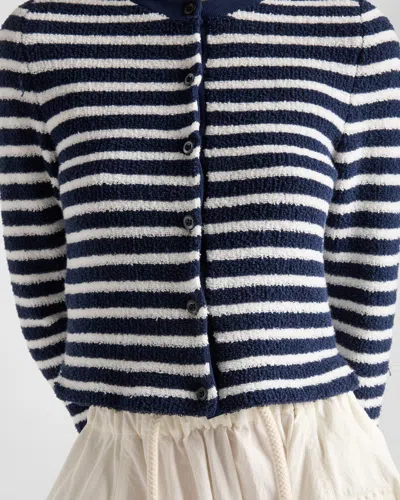 Prada Striped Three-quarter Sleeve Knit Cardigan In Navy Blue/natural