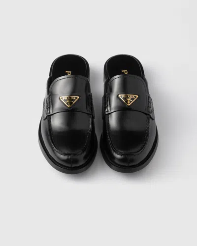Prada Leather Logo Loafer Mules In Black | ModeSens