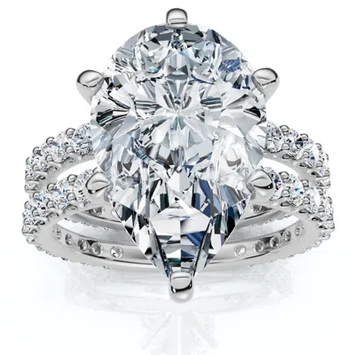 Pompeii3 Certified 5.40ct Pear Engagement Ring Wedding Band Set 14k Gold/pt Lab Grown In Silver
