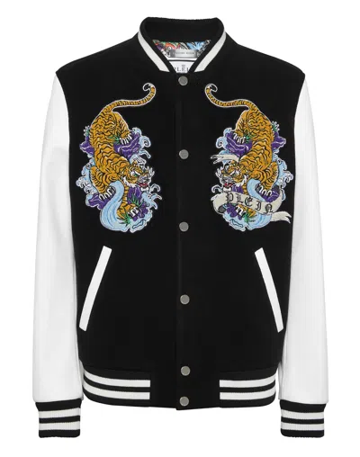 Philipp Plein College Bomber With Woolen Cloth Base Tattoo In Black
