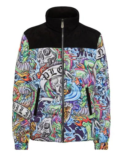 Philipp Plein Nylon Puffer Jacket With Leather Inserts Tattoo In Multi