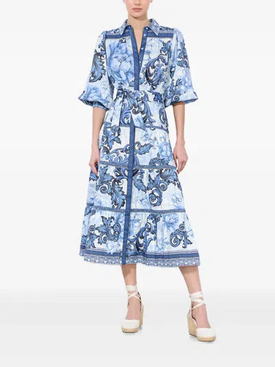 Alice And Olivia Geneva Scroll Symphony Midi Dress In Blue In Neutrals