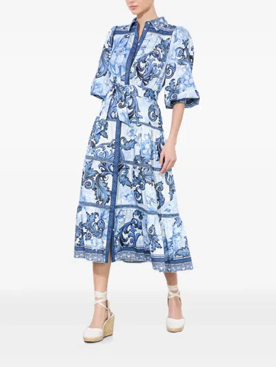 Alice And Olivia Geneva Scroll Symphony Midi Dress In Blue In Neutrals