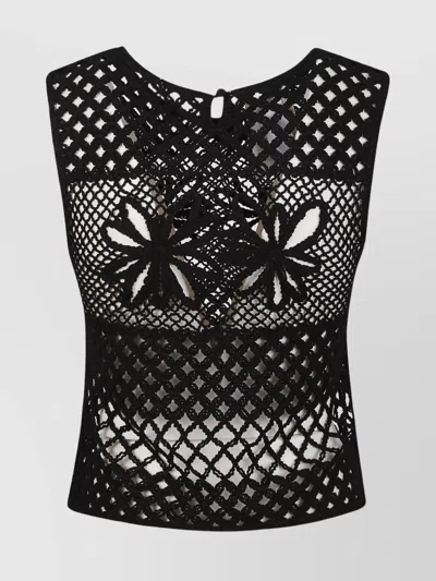 Pinko Fantasy Net Crochet Floral Top Keyhole In Black