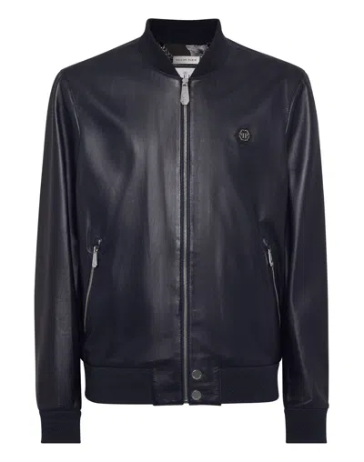 Philipp Plein Leather Bomber Jacket In Blue