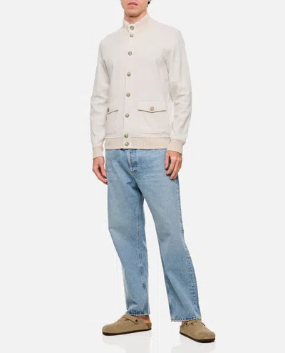 Fay Buttoned Beige Bomber Jacket With Ribbed Details In Neutral
