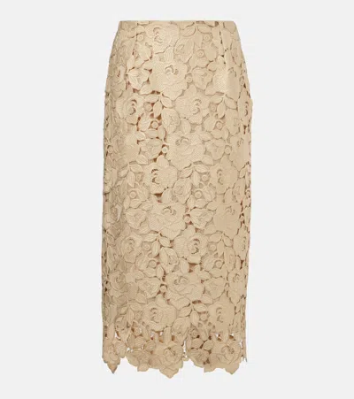 Oscar De La Renta Foiled Guipure Lace Midi Skirt In Gold