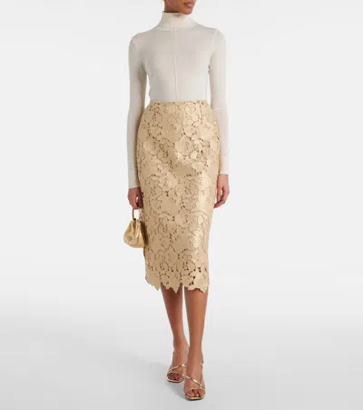 Oscar De La Renta Foiled Guipure Lace Midi Skirt In Gold