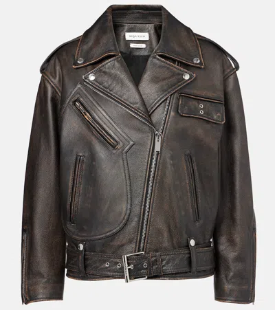 Alexander Mcqueen Leather Biker Jacket In Brown