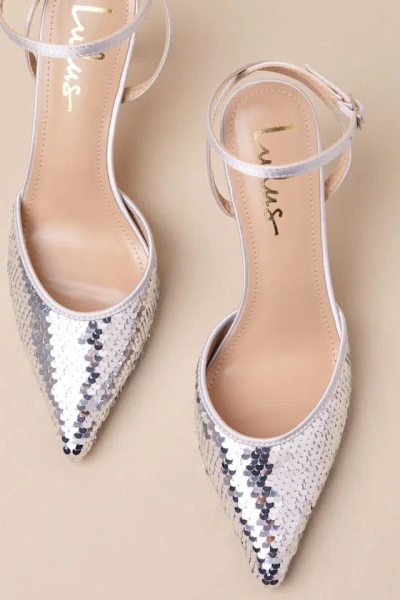 Lulus Arley Silver Sequin Ankle Strap Pumps In Silver