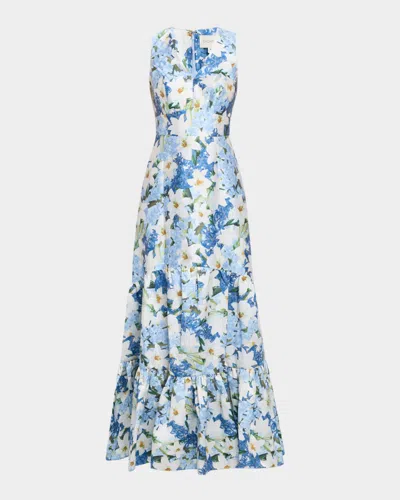 Sachin & Babi Rori Tiered Floral-print Mikado Gown In Sky Blue Star Lillies
