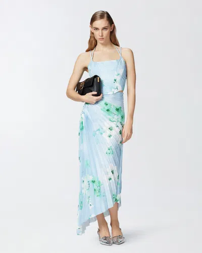 Pinko 'floral Pleated Asymmetric Hem Skirt' In Mult. Light Blue/blue/white