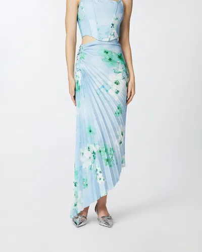 Pinko 'floral Pleated Asymmetric Hem Skirt' In Mult. Light Blue/blue/white