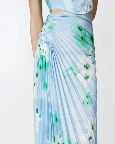 Pinko 'floral Pleated Asymmetric Hem Skirt' In Mult. Light Blue/blue/white