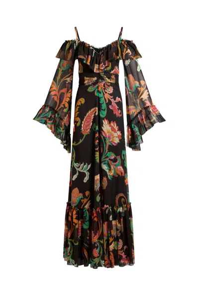 Etro Long Boho Dress With Floral Print All Over In Multicolor